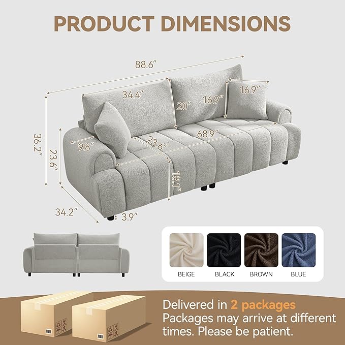 88 Modern Boucle Sofa Couch Oversized Comfy 3 Seater Sherpa Curved Sofas Deep Seat Upholstered Loveseat Teddy Round Arm Couches for Living Room Bedroom Light Grey