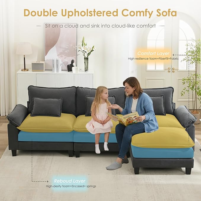 URRED Cloud Couch Modular Sectional Sofa 122'' Modern L Shaped Deep Seat Sofa with Ottoman &amp Pillows Ultra Comfy Velvet Couches for Living Room Bedroom or Apartment Dark Gray