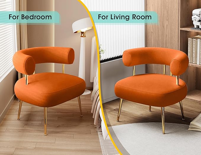 Modern Velvet Accent Chair Round Upholstered Barrel Armchair for Small Spaces Fluffy Side Corner Sofa Chair for Living Room Bedroom Vanity Office Reading Nook(Orange)