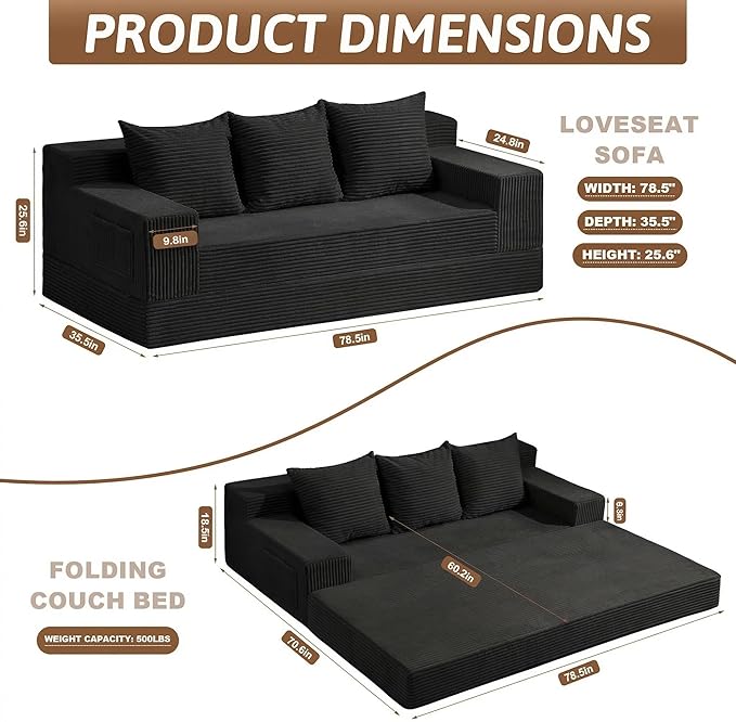 78 Convertible Sofa Bed Foldable Floor Couch Futon SofaHigh-Density Sponge Boneless Couch 3 Seater Sleeper Couch with 3 Pillows for Living Room Bedroom Lounge (Black)