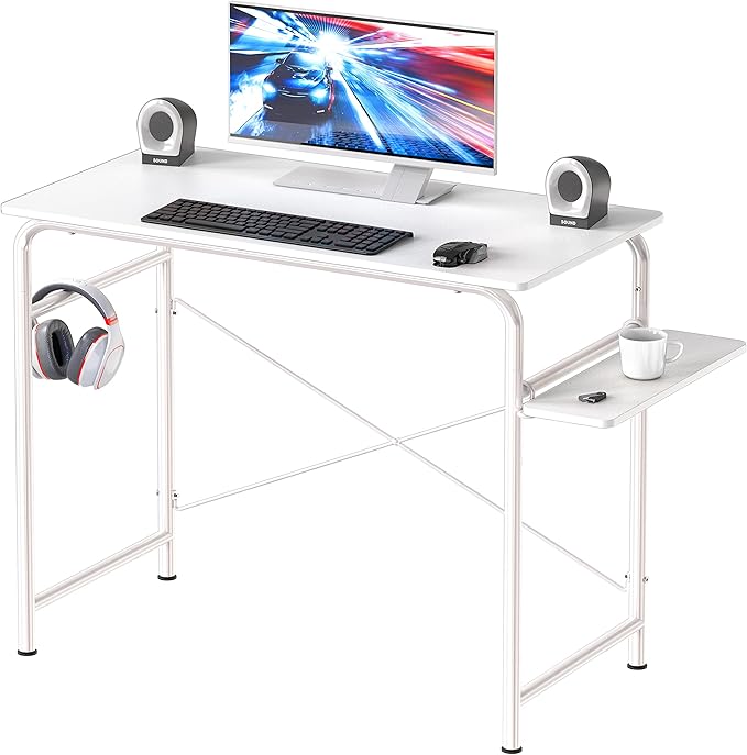 SHW Small Gaming Home Office Computer Desk with Shelf White