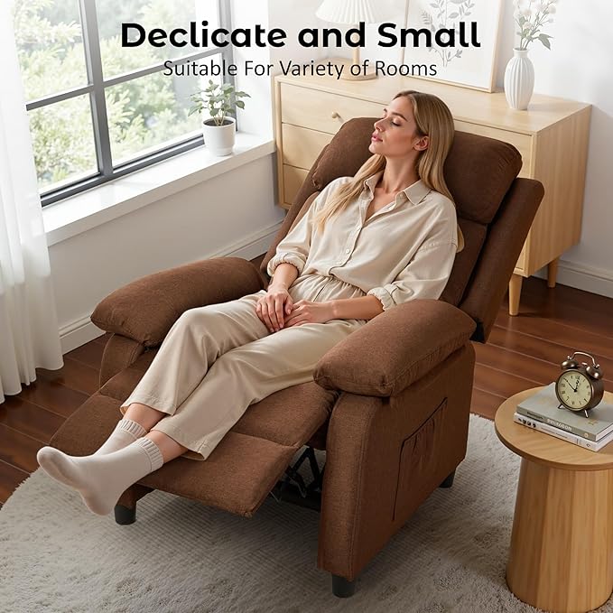 Recliner Chair Reading Chair for Adults with Side Pockets Recliners with Padded Deep Seat Small Recliners for Small Spaces Linen Fabric Comfy Chair for Bedroom Living Room and RV