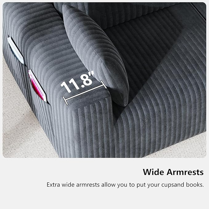 108 Boneless Couch Modular Sectional Couches for Living Room L Shaped Deep Seat Chaise with Side Pockets No Assembly Required Plush Corduroy Fabric Sleeper Sofa for Apartments Dark Grey