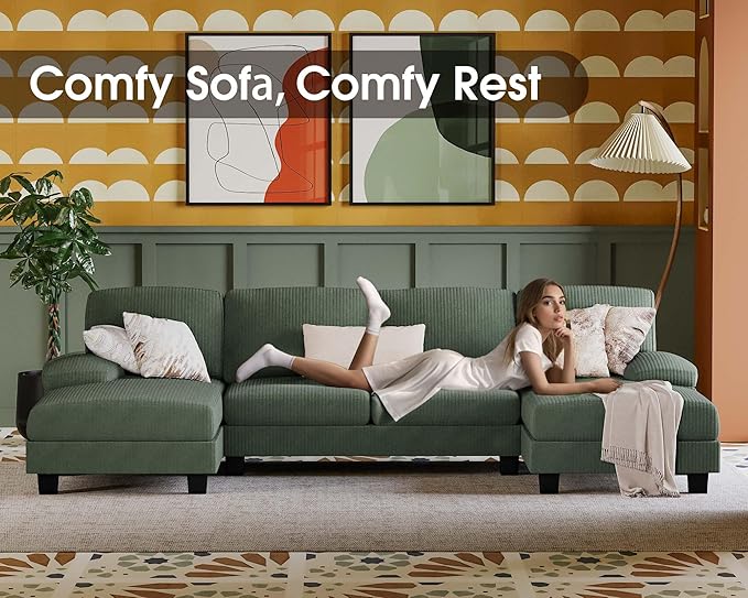 Furmax Sectional Couches for Living Room U-Shaped Sofa Couch with Linen Fabric 4 Seat Sofa Set with Double Chaise for Apartment (Corduroy Dark Green)