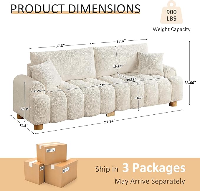 VANOMi Boucle Sofa Couch 91 Comfy Tufted Upholstered Cloud Couches Modern 3 Seater Sofa with Pillows Oversized Deep Seat Sherpa Couch for Living Room Bedroom Apartment (White)
