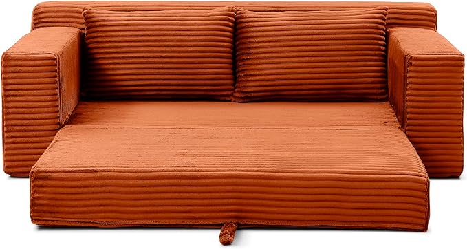73 Convertible Sofa Bed Pull Out Loveseat Sleeper Sofa with Side Pockets 2 in 1 Folding Couch Bed Fold Out Floor Couch Lounge Sofa with 2 Pillows for Living Room Apartment (Orange)