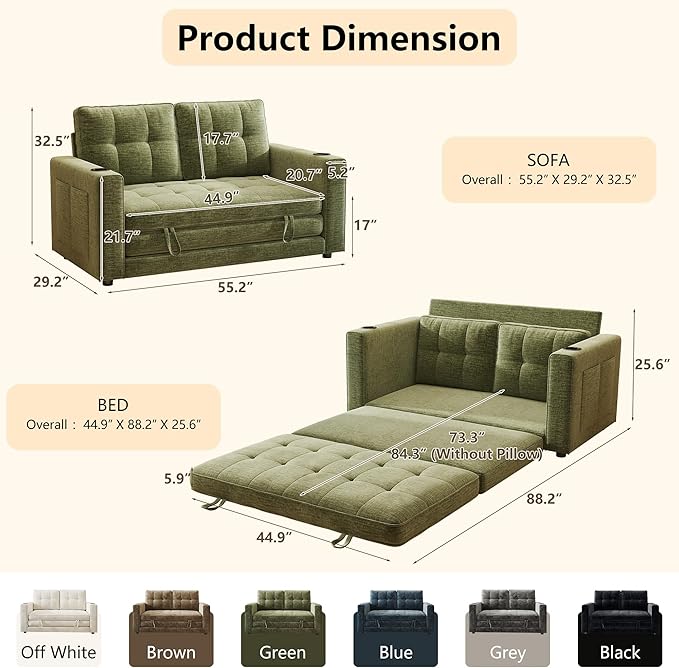 WorthFurni Convertible Sofa Bed Folding Sofa Bed 2 in1 Pull Out Loveseat Sleeper Sofa Floor Sofa Bed for Small Spaces Folding Couch Bed with Pillows for Living Room Bedroom - Green