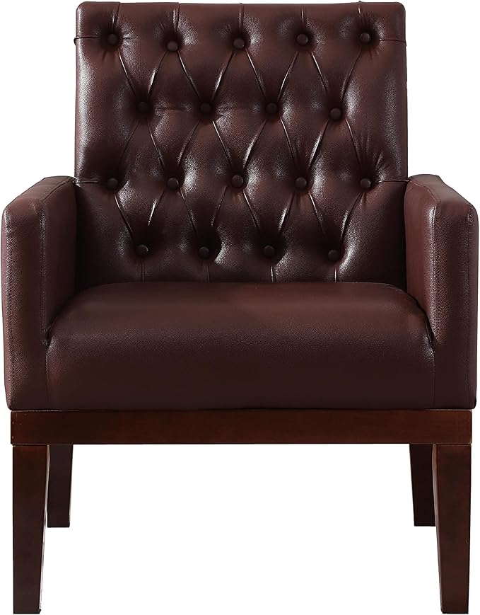 PU Leather Accent Chair Upholstered Lounge Sofa Armchair Comfortable Armchair with Wooden Legs in Log Color Modern Button Reading Chair for Bedroom Living Room Dark Brown