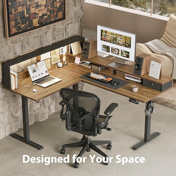 Agilestic L-Shaped Electric Standing Desk 63x55 Inch Ergonomic Adjustable Height Desk with Storage Stand Up Corner Desk Sit Stand Computer Table Power Outlet &amp LED Lights Office Table Dark Wal