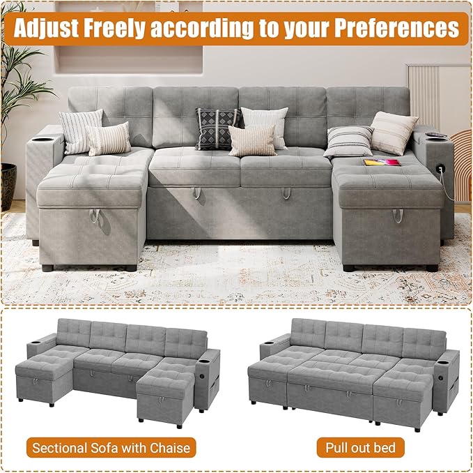 IDEALHOUSE U-Shaped Couches for Living Room Sofa Bed for Living Room with Reversible Storage Chaises and Hidden Storage Armrests Cup Holders and USB Charging Ports Included Light Grey
