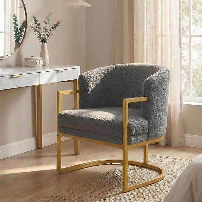 Merax Modern Accent Chair Cozy Armchair Upholstered Barrel Chairs with Luxury Gold Metal Frame Comfy Grey Accent Chairs for Living Room Bedroom Reading Nook or Office