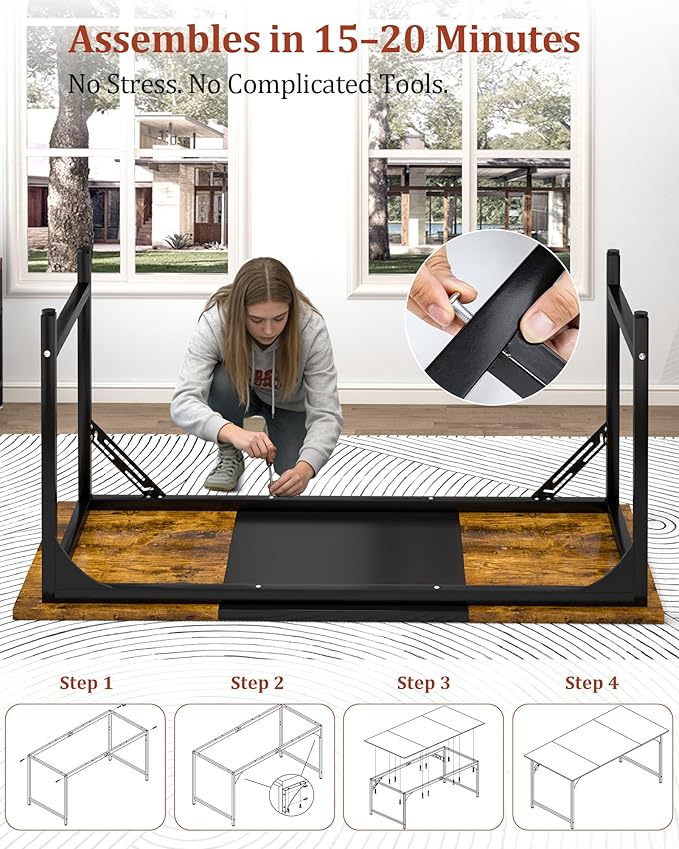 Computer Desk 55.1 Office Desk Extra Wide 23.62” Carbon Fiber Deep Desktop 0.59” Thick Heavy-Duty Home Office Desks Office Table with Steel Frame Wood Desk for Bedroom Study Writing Gaming Work