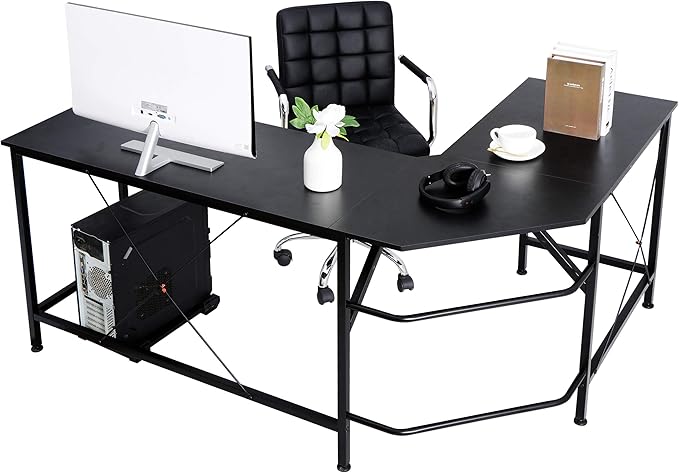 HomGarden L-Shaped Computer Desk Modern Corner Table PC Laptop Study Workstation Home Office Desk Wood Desktop Metal Frame(Black)