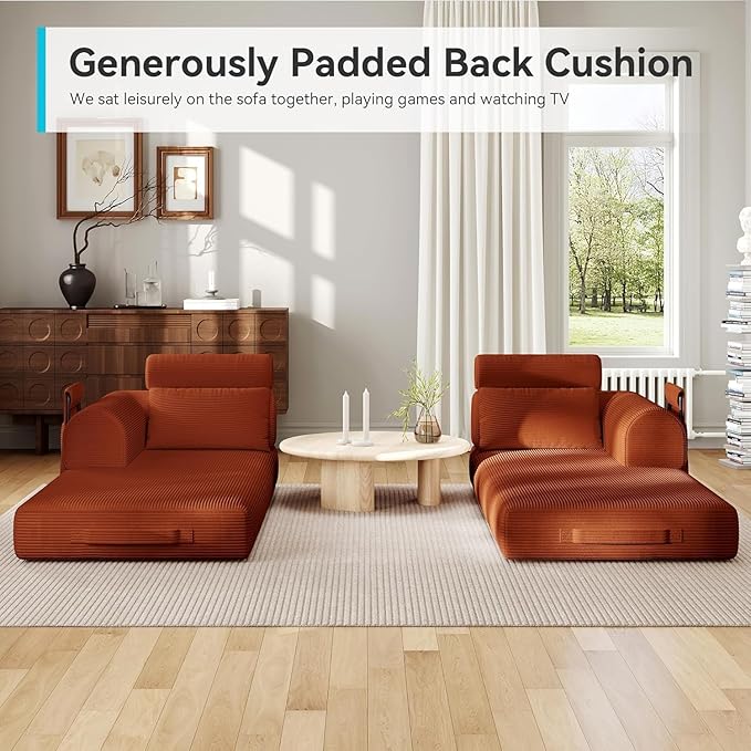 Upgraded 79 High Backrest Sofa Bed with Fixed Frame Corduroy Fabric Convertible Couch for Small Spaces Removable Armrests &amp Backrest No Assembly Required (High Backrest Orange) | Convertible