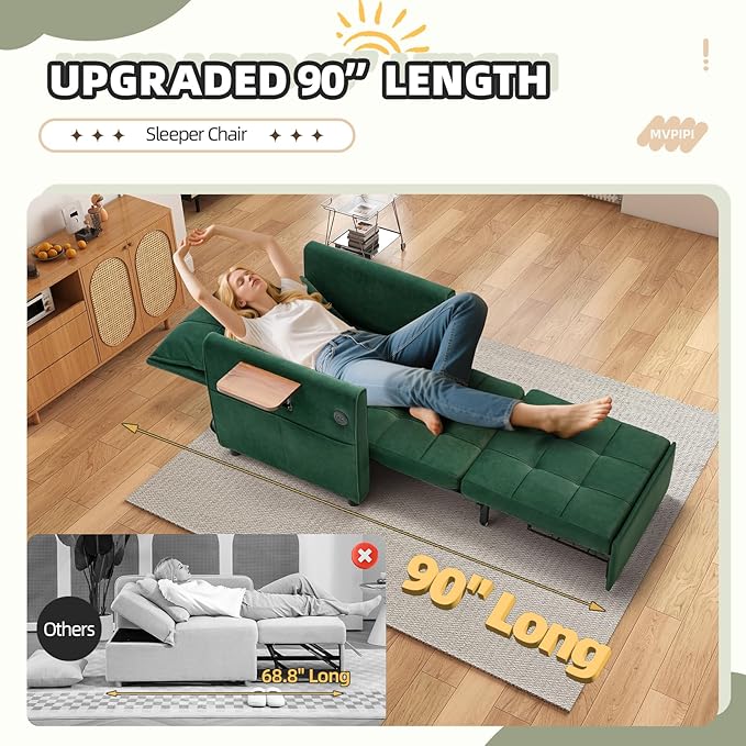 Convertible Sleeper Chair Bed for Adults Pull Out Chair Bed w/USB Port Foldable Table &amp Bottom Storage 4 in 1 Reclining Sleeper Sofa for Dorm/Bedroom Green