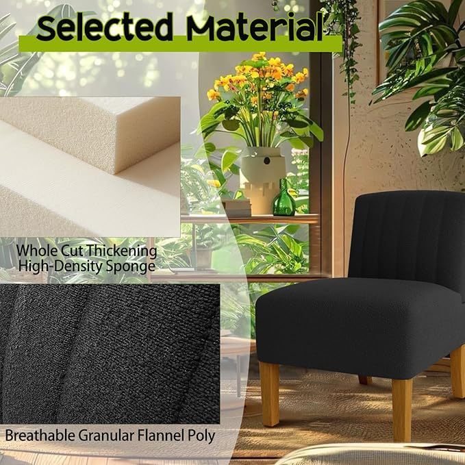 Gaussen Armless Accent Chairs for Living Room Modern Slipper Chair Living Room Chairs with Solid Wood Legs Makeup Vanity Chair Fabric Comfy Upholstered Arm Chair Accent Chair Side ChairNero