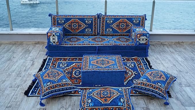arabicsofa 8 Inch Thick Royal Blue Arabic Floor Cushion – Handmade Modular Majlis Seating with Backrest Pillows