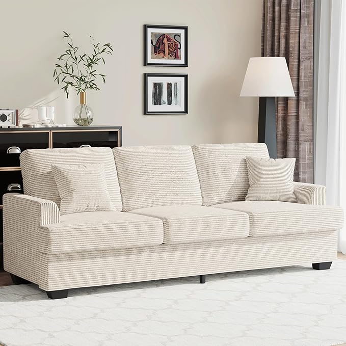 IDEALHOUSE Modern 86 Corduroy Sofa with 2 Throw Pillows Deep Seat Couch with Upholstered Cushion &amp Removable CoverComfy Corduroy Sofa Couch for Small Space Apartment Lounge Beige