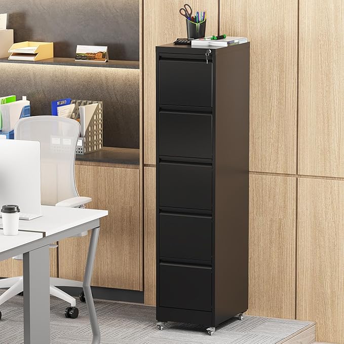 5 Drawer Small File Cabinet with Lock on Wheels Under Desk Storage Cabinet Organizer for Home Office Heavy Duty Filing Cabinets for A4 Letter Legal Size FilesBlack