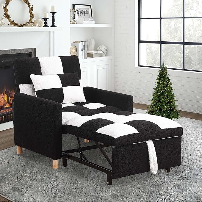 Convertible Sleeper Sofa Chair 3 in 1 Multi-Function Folding Ottoman Couch Sigle Pull-Out Bed with Adjustable Backrest and Pillow for Living Room Apartment Office Black&ampWhite