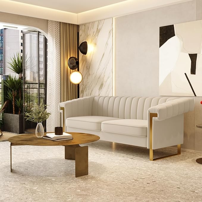 Mid-Century Modern Beige Velvet Sofa with Gold Metal Legs 83.86 Luxury Chesterfield Comfy Cream Couches for Living Room (Velvet Beige)