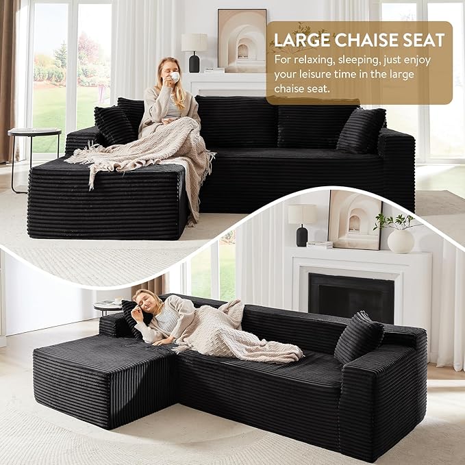 Cloud Sectional Couch with L-Shape Chaise 105 Modern Minimalist Modular Sectional Sofa Fluffy Corduroy Upholstered Couches for Living Room No Assembly Required (Black Left Facing Chaise)