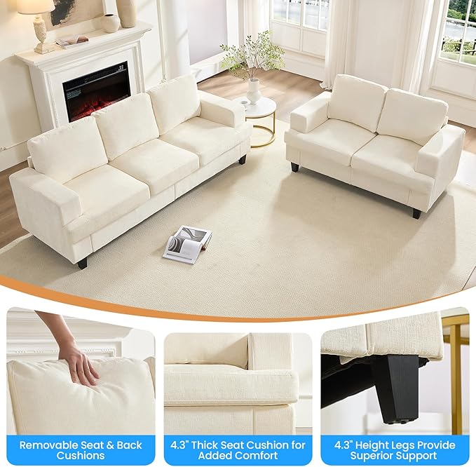 PUREMIND 2 Piece Living Room Sofa Set Chenille Upholstery 3 Seater Couch and Loveseat Set Solid Wood Frame Modern Sectional Couches for Living Room Office Apartment