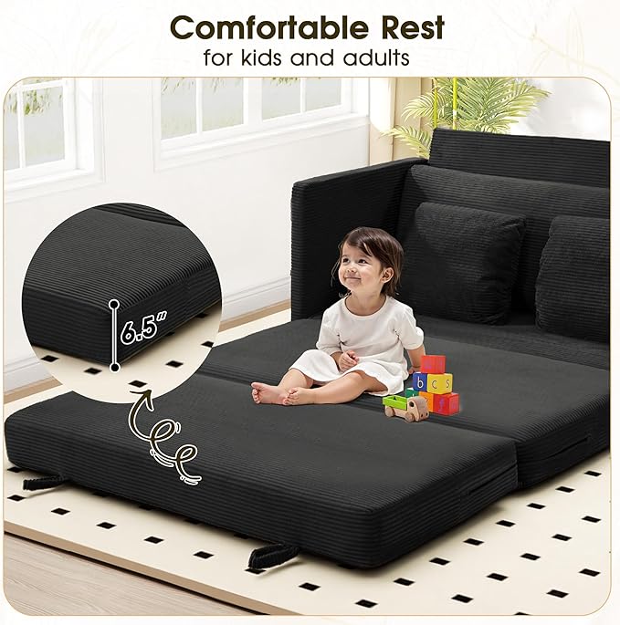 65 Convertible Loveseat Sofa Bed 2-in-1 Folding Sofa Bed with 2 Pillow for Small Spaces Modern Loveseat Sleeper Couch for Apartment Living Room &amp Guest Room (Black Corduroy 65 inch)