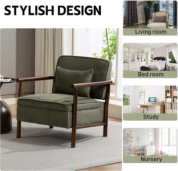 Accent Chair Comfy Modern Mid-Century Accent Chairs with Storage Corduroy Upholstered Lounge Armchair with Solid Wood Reading Side Single Sofa for Living Room/Office/Balcony/Bedroom-Green