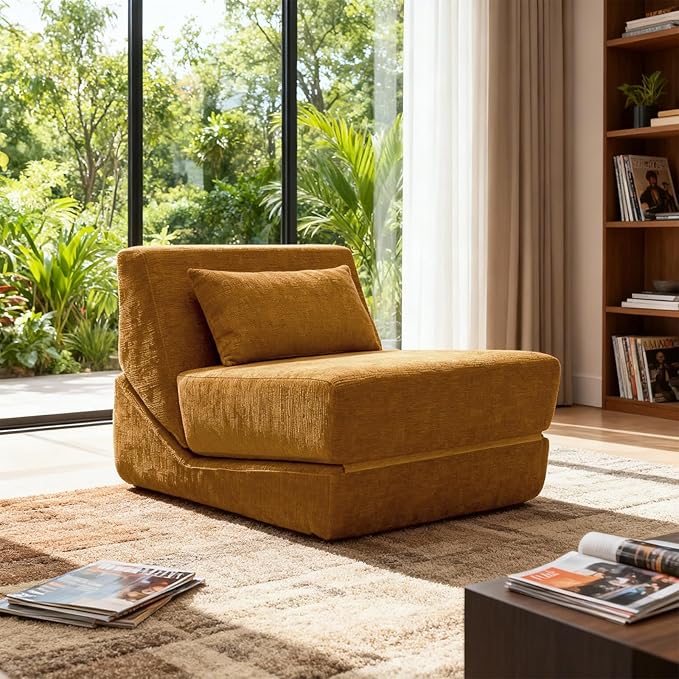 Folding Sofa Bed Chair Convertible Sleeper Sofa Couch Bed w/Pillow Lounge w/Back Support &amp Washable Cover for Living Room Bedroom Apartment Office (Yellow) | With ashable cover Foldable chai