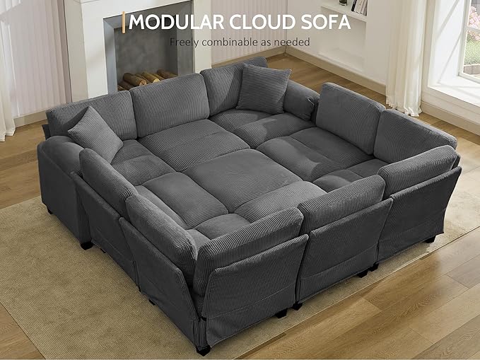 DRMBOOK 140.6'' U Shaped Modular Sectional Cloud Couch Comfy Corduroy 7 Seater Sofa with Curved Armrest Modern Deep Seat Sofa for Living Room (Grey 6 Seat+1 Corner+2 Ottoman)