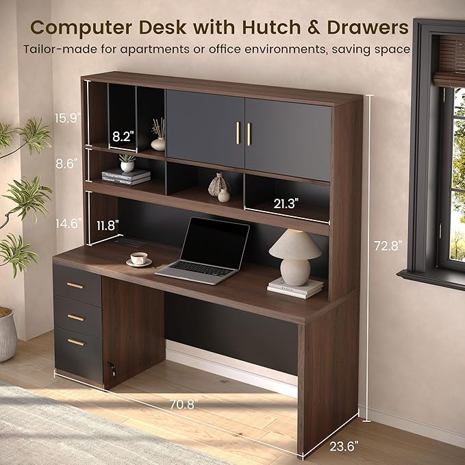 Computer Desk with Hutch and File Cabinet 72.8 Home Office Desk Set Under Desk Storage Cabinet All-in-One Study Writing Desk with Power Outlet 1.18 Desktop Privacy Panel Black Walnut