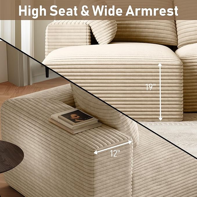 Modular Sectional Sofa Cloud Couch 107 Comfy L Shaped Sectional Couches for Living Room Modern Deep Seat Cozy Fluffy Corduroy Boneless Couch Sectionals Sofa with Chaise (Left Facing Beige)