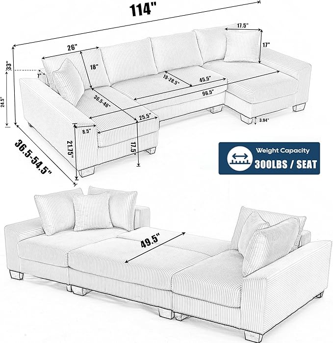 114 U-Shaped Sleeper Sofa with Pull Out Bed 3 in 1 Convertible Couch Bed Oversized Sectional Modular with Chaise Lounge Modern Comfy Plush Corduroy Black Couches for Living Room (Beige)