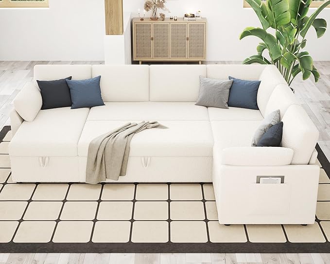 VanAcc Pull Out Sofa 112 Inch Oversized U Shape Sleeper Sofa Couch with Storage Chaise &amp 3 Seater Comfy Couch with Pull Out Bed for Living Room White Boucle