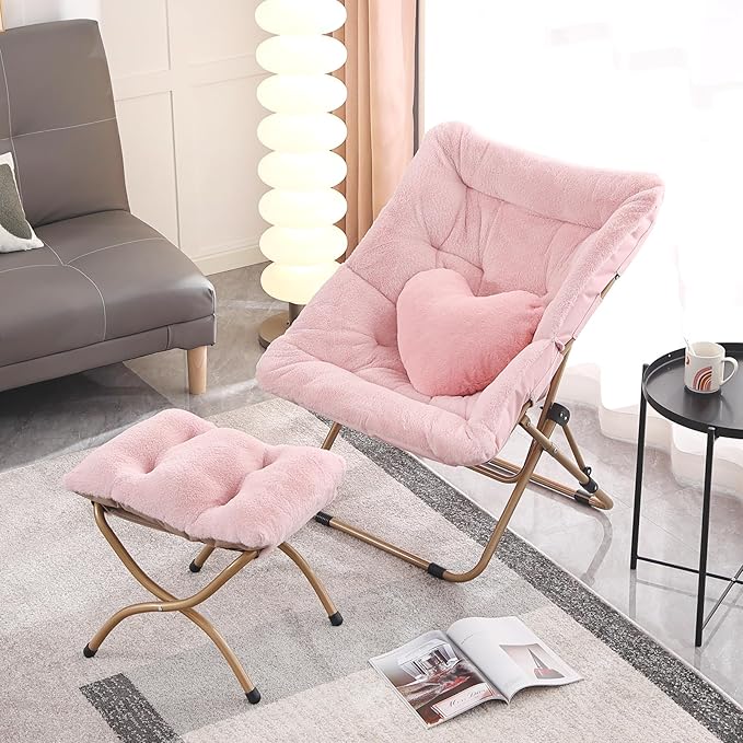 Comfy Saucer Chair with Ottoman Oversized Folding Faux Fur Chair Soft Furry Lounge Lazy Chair with Metal Frame Moon Chair Accent Chair for Bedroom Living Room Dorm Rooms
