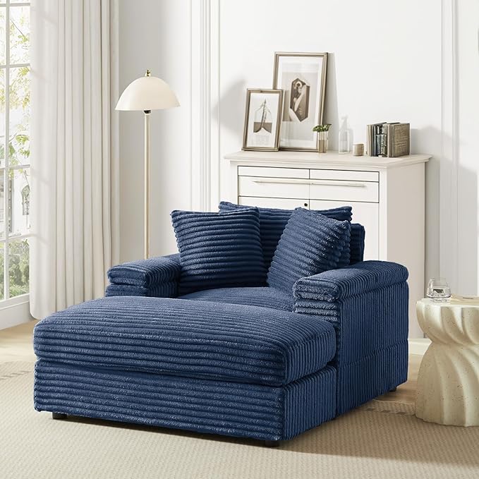Chaise Lounge Chair Indoor 44 Inch Comfy Corduroy Sectional Cloud Couch Upholstered Single Sofa w/Movable Ottoman for Living Room Bedroom Apartment Blue