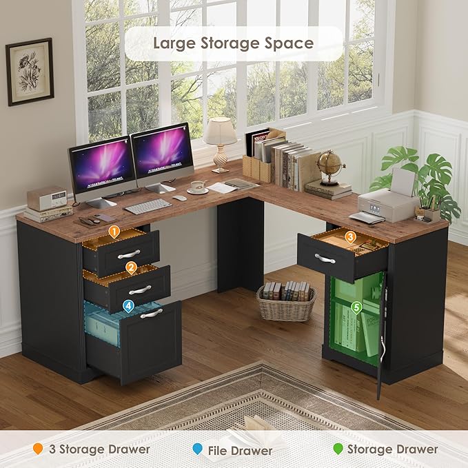HIFIT Farmhouse Executive L Shaped Desk with Power Outlets 60 Corner Computer Desk with 3 Storage Drawers &amp 2 File Cabinets L Shaped Home Office Desk for StudyBlack