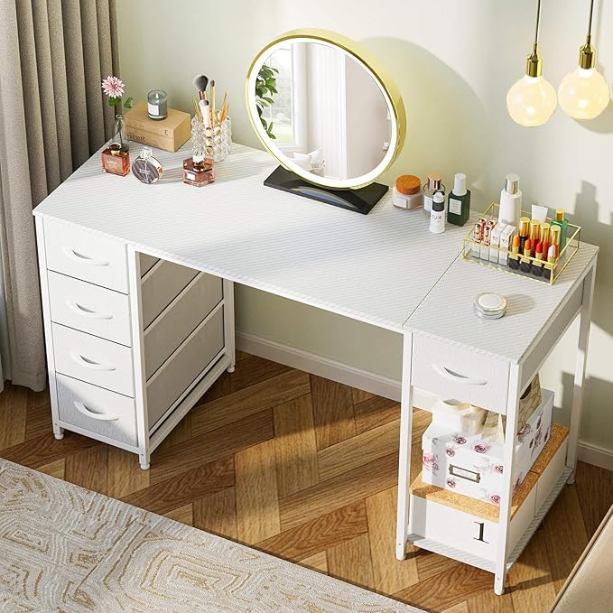 LUCKRACER Vanity Desk with 5 Fabric Drawers &amp Storage Shelves Makeup Dressing Table Computer Desks for Home Office Bedroom White No Mirror