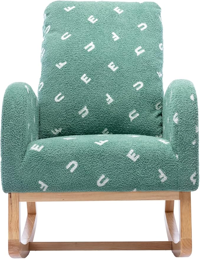 Setawix Teddy Rocking Chair for Nursery Midcentury Modern Accent Rocker Armchair with Side Pocket Upholstered High Back Wooden Rocking Chair for Living Room Baby Room Bedroom (Green Alphabet)