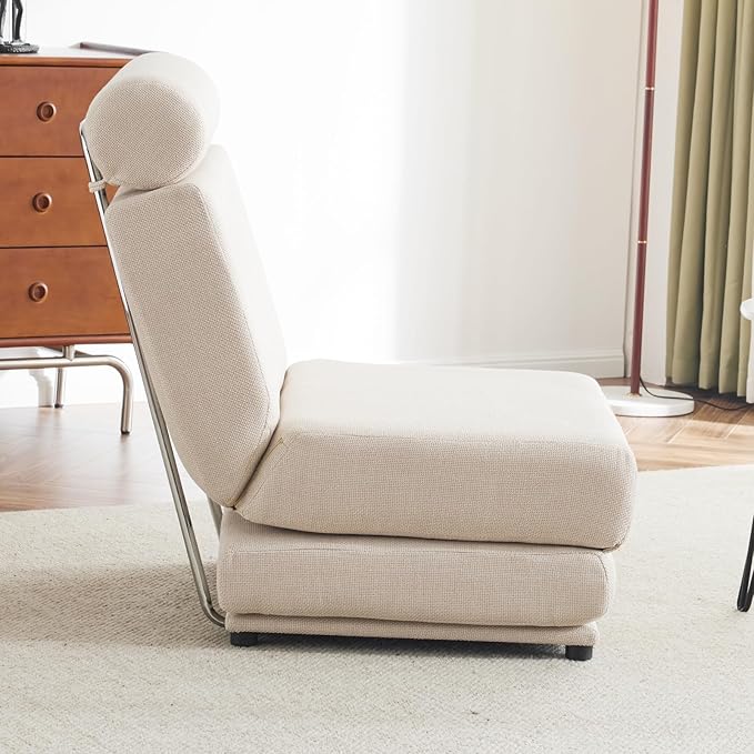 Single Sofa Chair Foldable Single Sofa Bed with PillowPortable Foldable Sofa BedLeisure Sofa ChairEasy to StoreMade of Breathable and Wearable Linen Cream White