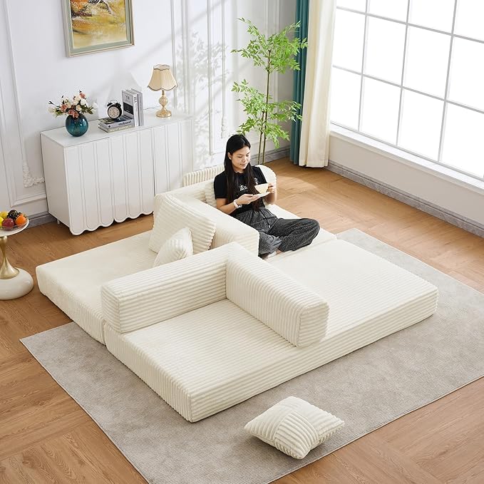 4-in-1 Floor Sofa King Size No Assembly Upholstered Boneless Pull Out Couch Bed with 4 Pillows Oversized Corduroy Foam Compressed Sofa Couch in A Box for Living Room Sleeper (Beige)