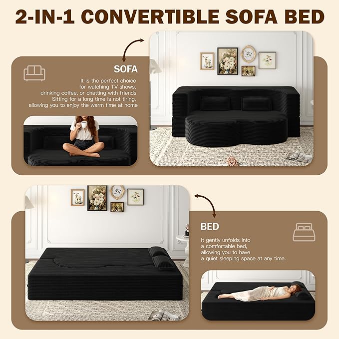 JOYBASE 78in Sofa Couch Convertible Oversized Cloud Loveseat Minimalist Sleeper Sofa Bed for Living Room Apartment Office No Assembly Required (Black Corduroy)