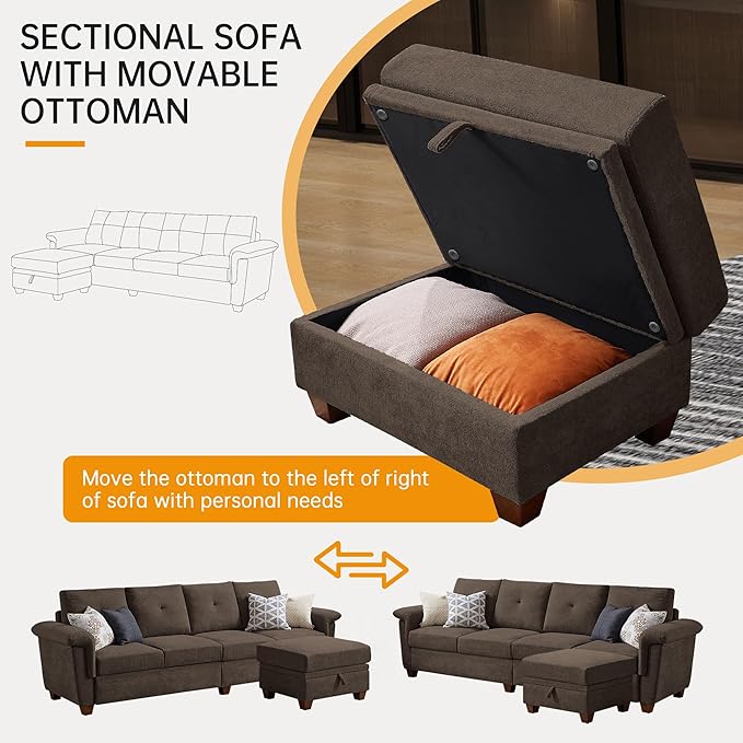 Convertible Sectional Sofa with Storage 4 Seat L Shaped Couch with Chaise and Cup Holder Modern Microfiber Fabric Sofas Couches for Living Room Dark Coffee