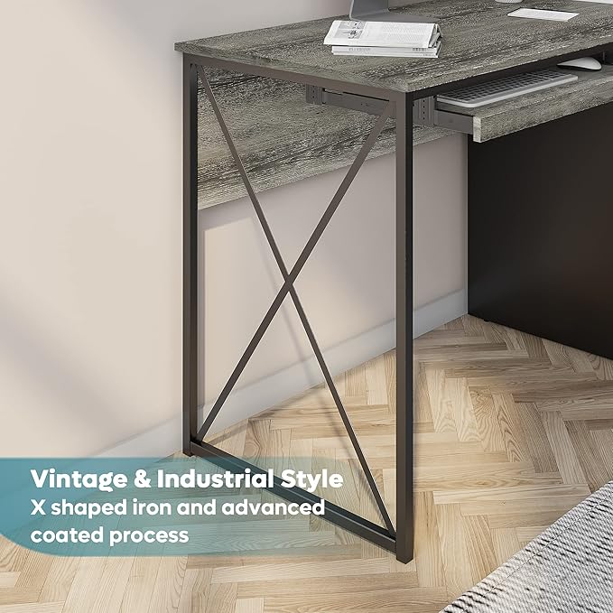 Bestier Office Desk with Drawers 55 inch Industrial Computer Desk with Storage Wood Teacher Desk with Keyboard Tray &amp File Drawer for Home Office Dark Gray Oak