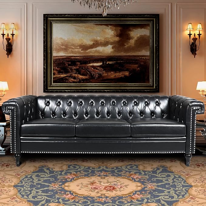 Chesterfield Sofa Black Faux Leather Couches for Living Room Deep Seat Comfy 3-Seater Oversized Couch Button Nailhead Tufted Classic Couches for Bedroom Office Easy to Assemble