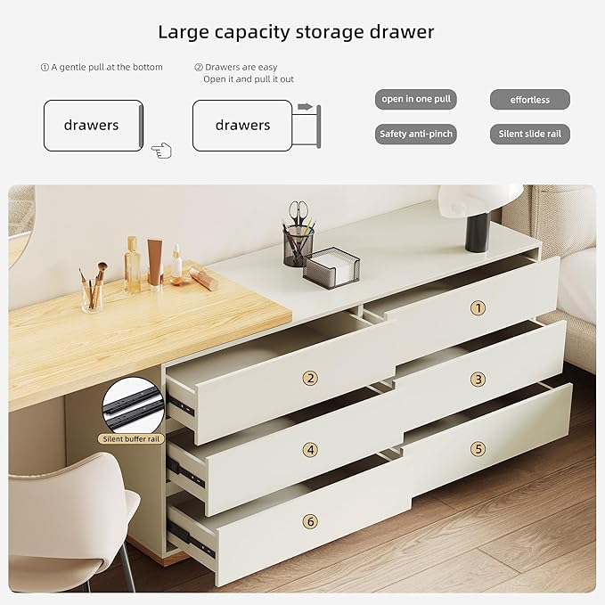 Mid - Century Modern Stretchable L-Shaped Desk with Drawers 56 to 98.5 Extendable Writing Desk with Storage for Home Office Bedroom &amp Living Room Beige
