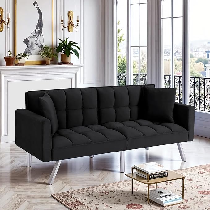 78 Modern Sofa Bed FutonConvertible Sleeper Bed Couch with 4 Reclining BackrestComfy Velvet Cloud Sofa Loveseat for Living Room Bedroom Office (Black)