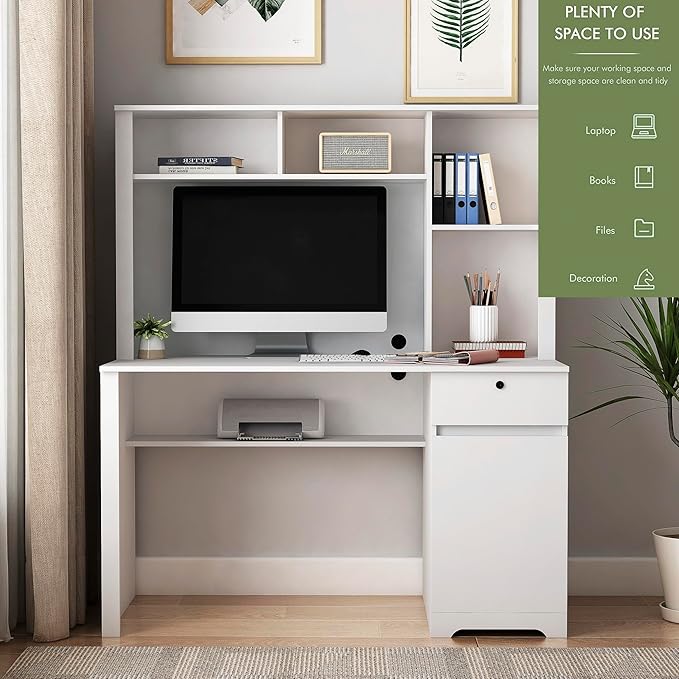 Computer Desk with Hutch BookshelfWood Executive Desk Teens Student Desk Writing Laptop Home Office Desk with Drawers3 AC Outlets and 2 USB Charging PortsStudy Laptop Table for Home