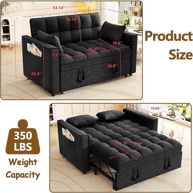 3 in 1 Convertible Sleeper Sofa Bed 52'' Velvet Pull Out Couch Bed with Comfy Pillows &amp Adjustable Backrest/Side PocketsFuton Loveseat Sleeper Sofa for Small Spaces Living Room Bedroom (Black)